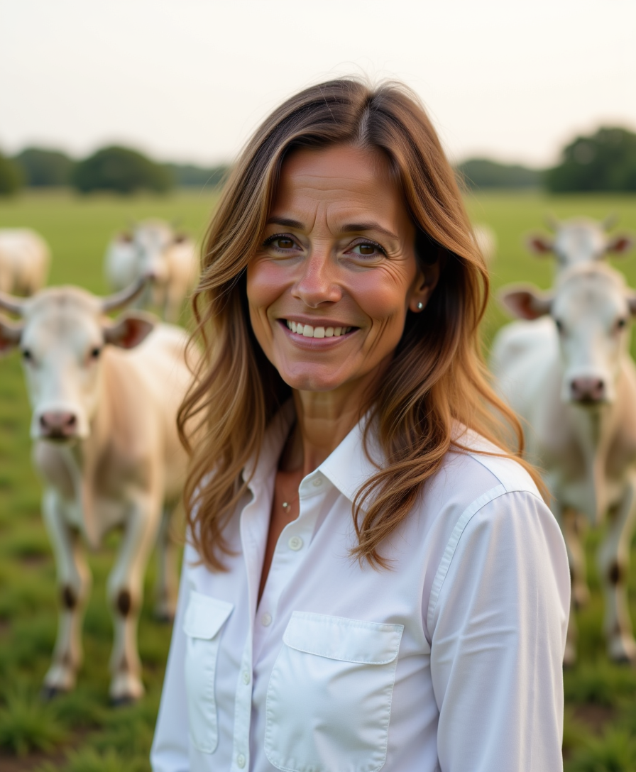 Nathálya, zootecnista, ao lado de gado nelore em pastagem